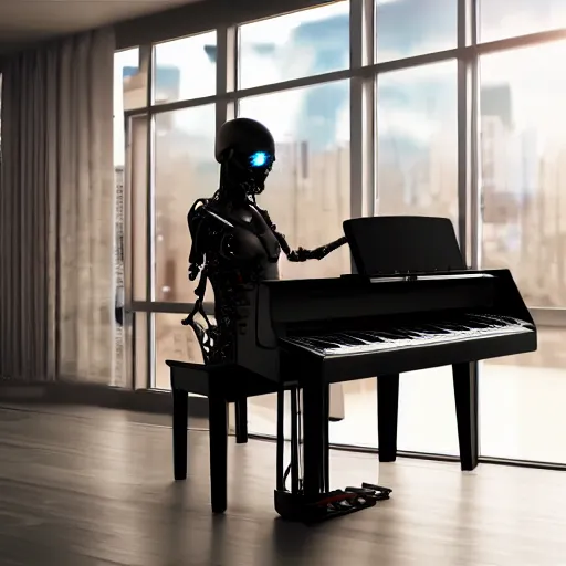 Image similar to a cyborg playing the piano in a futuristic apartment, award winning art, 4k, highly detailed, sharp focus, cinematic lighting, smooth