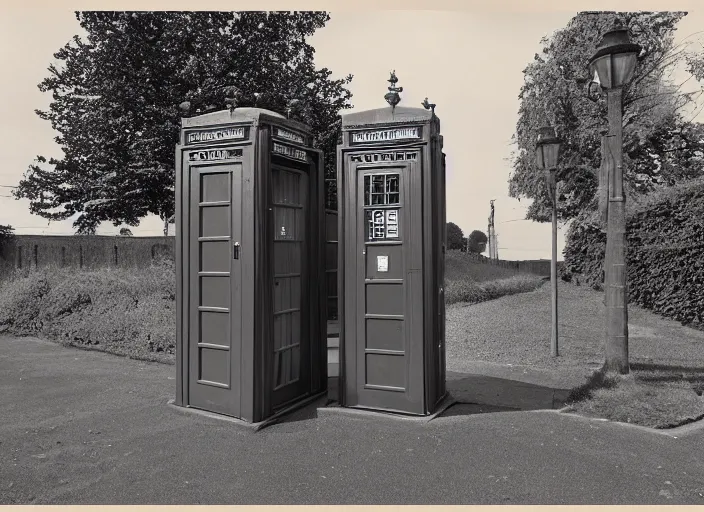 Image similar to photo of a metropolitan police box in suburban london, police box, 1930s, sepia, wide shot