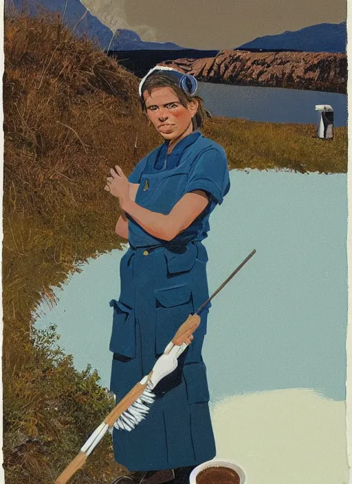 Prompt: composition by justine kurland, a zoomed out portrait of a beautiful tan skinned light brown hair maid in a white uniform cleaning in a scenic representation of mother nature and the meaning of life by billy childish, thick visible brush strokes, shadowy landscape painting in the background by beal gifford, vintage postcard illustration, minimalist cover art by mitchell hooks