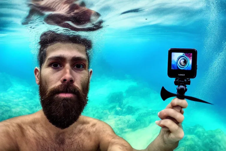 Prompt: high quality 4 k resolution go pro photo of storm god poseidon taking a selfie of himself with a go pro oil painting, hyperrealistic, underwater look king confused holding his trident