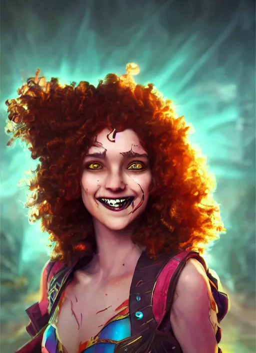 Image similar to an epic fantasy comic book style portrait painting of a girl wearing colorful makeup with a smile and curly brown hair stepping out of a doorway with light shining behind her, unreal 5, daz, hyperrealistic, octane render, cosplay, rpg portrait, dynamic lighting