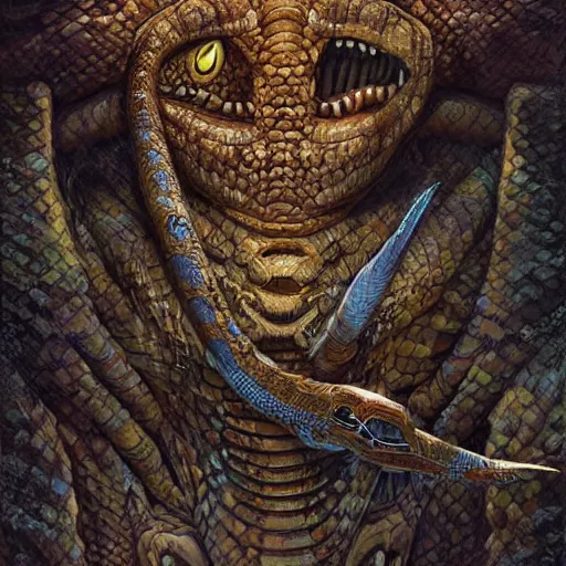 Image similar to digital painting of mayan snake god, by filipe pagliuso and justin gerard, jungle, fantasy, highly detailed, ominous, intricate, snake, feathers, fangs