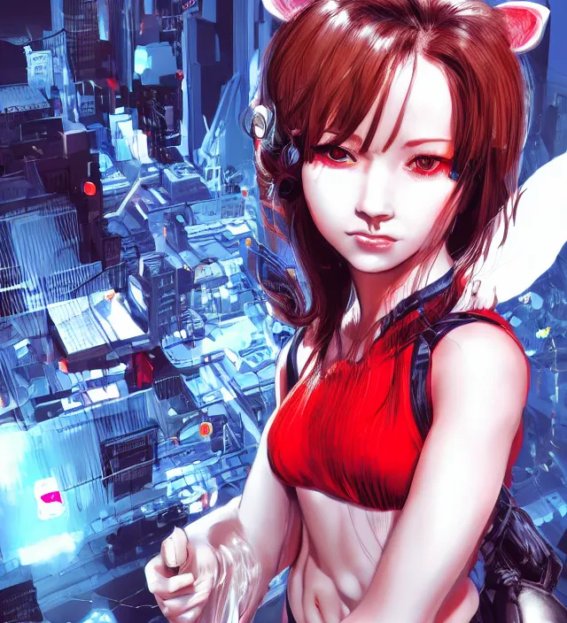 Prompt: hd 3 d rendered graphic novel video game portrait of a cute young schoolgirl complicated synaptic particles angelic deity demon future downtown in ishikawa ken miura kentaro gantz frank miller jim lee alex ross style detailed trending award winning on flickr artstation