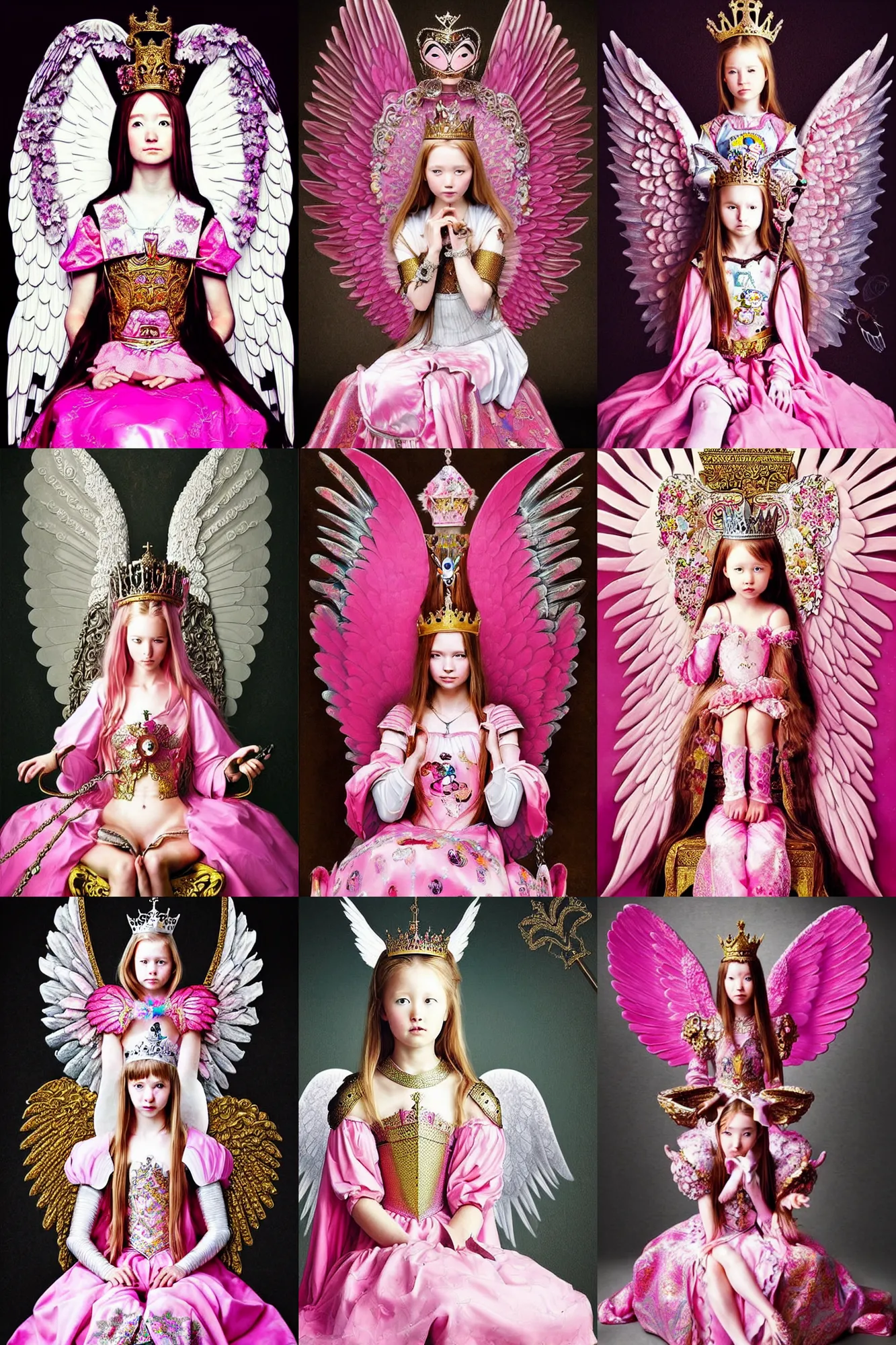 Prompt: gorgeous!! hyper - realistic princess wearing ornate pink knight armor, angel wings l sitting at the thrown | by takashi murakami