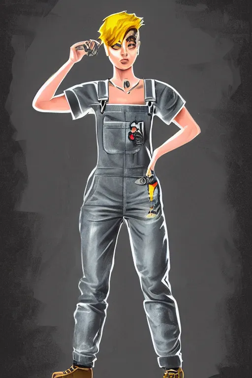 Image similar to an androgynous punk girl with short hair who is a mechanic wearing overalls, digital illustration, digital concept art, digital painting, decorative background, trending on artstation