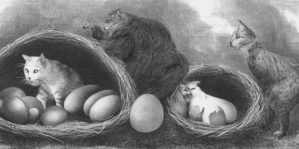 Image similar to very large cat guarding it's eggs, giant nest. Tiny business men. strange, photograph, 1850s