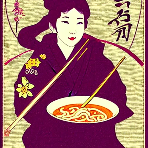 Prompt: beautiful japanese female model eating ramen soup portrait in the style of art nouveau x belle epoque