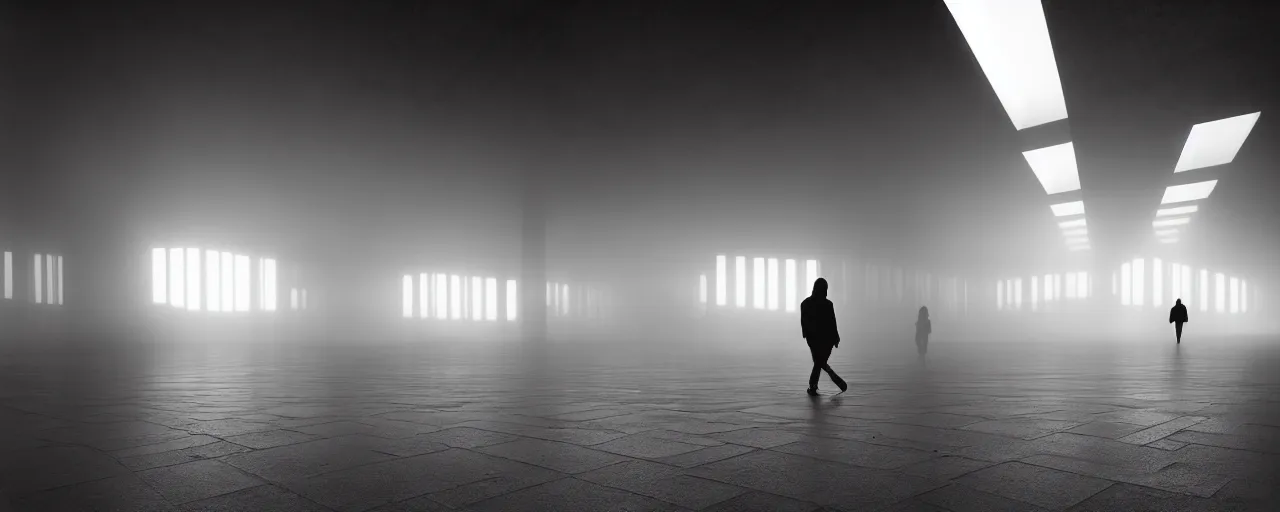 Prompt: realistic interior of a brutalist museum, blurred silhouette of person walking in the distance, Godrays at sunset, hard shadows, volumetric fog, Hyper realistic film photography by Yohji Yamamoto, Zeiss 24mm f2.8, Hasselblad, insanely detailed, sharp focus