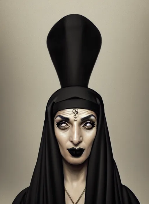 Prompt: portrait of an egyptian woman with a crooked nose and a confident expression, 1 9 6 0 s, black clothes, goth, punk, funk, intricate, elegant, highly detailed, digital painting, artstation, concept art, smooth, sharp focus, illustration, art by wlop, mars ravelo and greg rutkowski