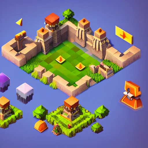 Image similar to isometric game level by style of clash of clans, beautiful lighting, concept art