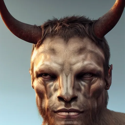 Image similar to hyperrealistic mixed media image of minotaur, stunning 3 d render inspired art by greg rutkowski and xiang duan and thomas eakes, perfect facial symmetry, immaculate complexion, realistic, highly detailed attributes and atmosphere, dim volumetric cinematic lighting, 8 k octane detailed render, post - processing, masterpiece,