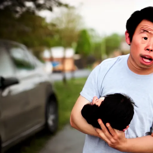 Image similar to a shocked, confused asian man holding his black newborn baby
