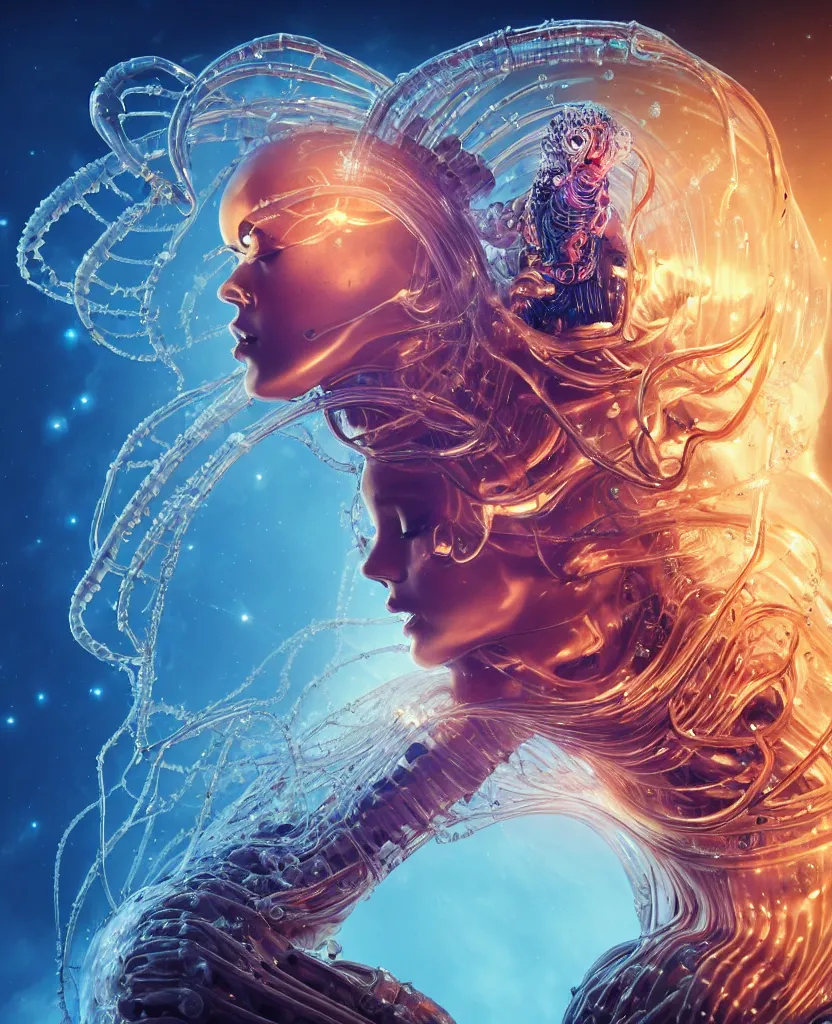Prompt: close-up portrait of the face of a beautiful princess in a twisted glass mask in a spaceman suit surrounded by energy flow, epic angle and pose, symmetrical artwork, 3d with depth of field, blurred background, cybernetic jellyfish female face skull phoenix bird, translucent, nautilus, energy flows of water and fire. a highly detailed epic cinematic concept art CG render. made in Maya, Blender and Photoshop, octane render, excellent composition, cinematic dystopian brutalist atmosphere, dynamic dramatic cinematic lighting, aesthetic, very inspirational, arthouse. y Greg Rutkowski, Ilya Kuvshinov, WLOP, Stanley Artgerm Lau, Ruan Jia and Fenghua Zhong