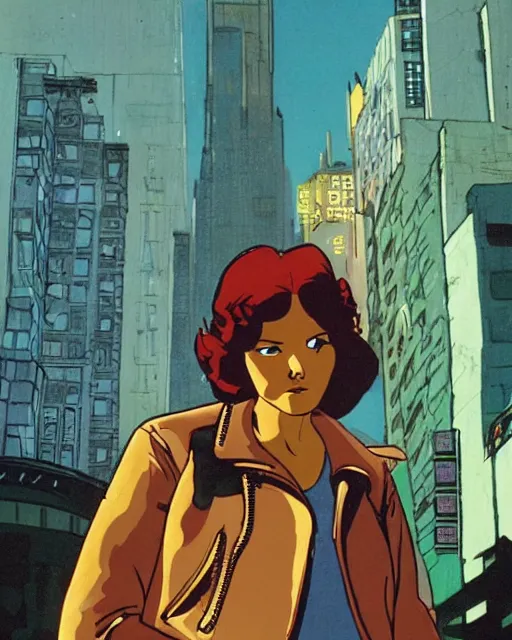 Image similar to portrait of an attractive young female protagonist wearing leather jacket, center focus, in city street, frank miller, ralph bakshi