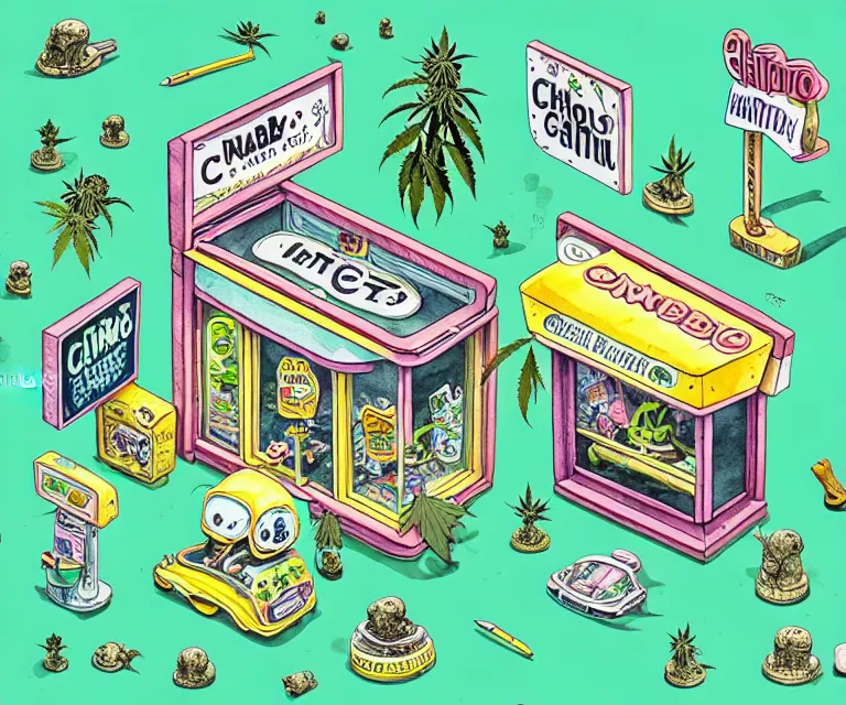 Prompt: cute and funny, a tiny cannabis shop, ratfink style by ed roth, centered award winning watercolor pen illustration, isometric illustration by chihiro iwasaki, edited by craola, tiny details by artgerm and watercolor girl, symmetrically isometrically centered