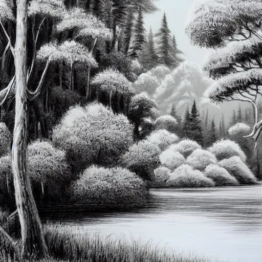 Image similar to Bob Ross drawing a forest with a lake