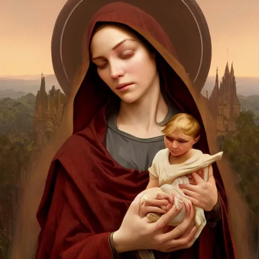 Prompt: the virgin mary holding a baby lizard, highly detailed, digital painting, artstation, concept art, smooth, sharp focus, illustration, art by artgerm and greg rutkowski and alphonse mucha