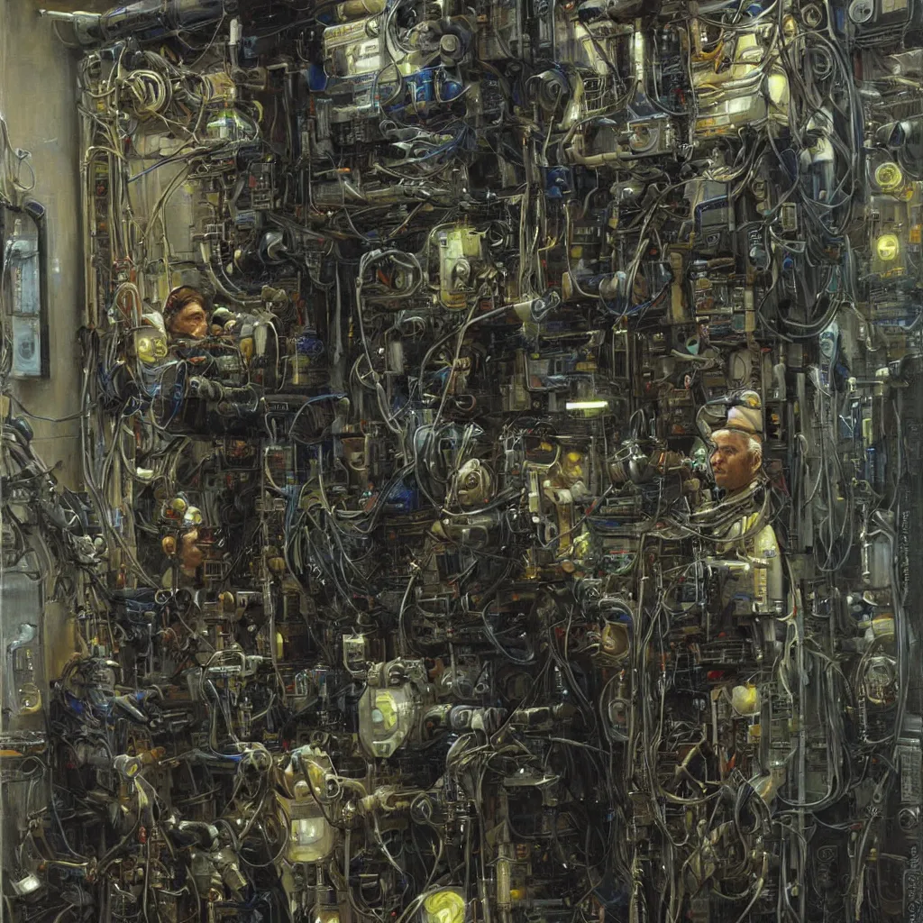 Image similar to painting by donato giancola, portrait of a cyberpunk technician engineer