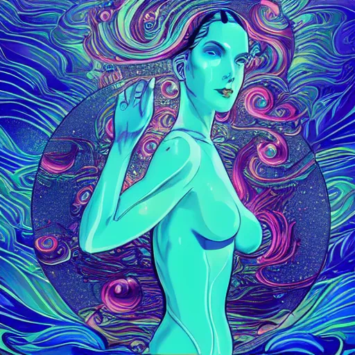 Image similar to elegant smooth female droid bathing in ocean waves of glossy liquid stardust flowing like psychedelic plasma, lsd waves, lsd ripples, backlit, dramatic, refracted lighting, art nouveau, ghost in the shell