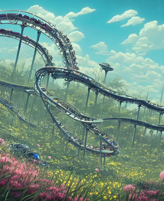 Prompt: simplicity, elegance, a roller coaster building made out of organic creatures, in the style of a streamlined asymmetrical spaceship, overgrown with flowers, bleak apocalyptic environment, by dan mumford, yusuke murata, makoto shinkai, ross tran, cinematic, unreal engine, cel shaded, featured on artstation, pixiv