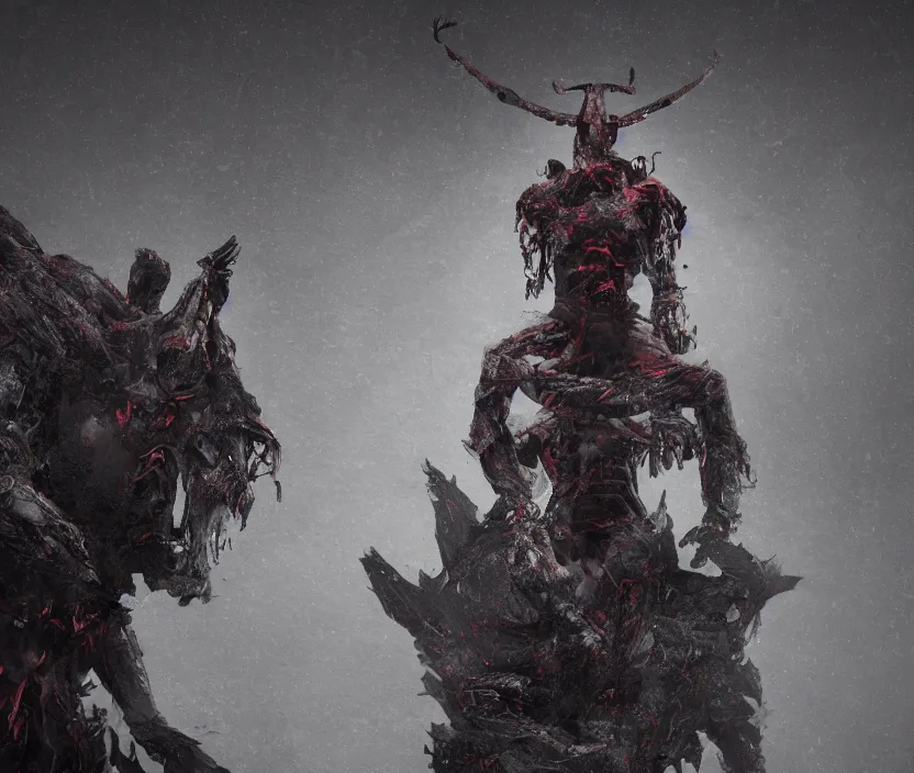 Image similar to samurai standing on a bunch of bodies with 6 arms , gloomy and foggy atmosphere, octane render, artstation trending, horror scene, highly detailded