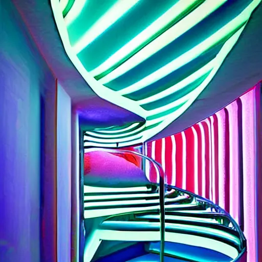 Prompt: dreampool rooms, neon ceramic tiles, spiraling stairs, blue sunlight coming through columns of neon tile