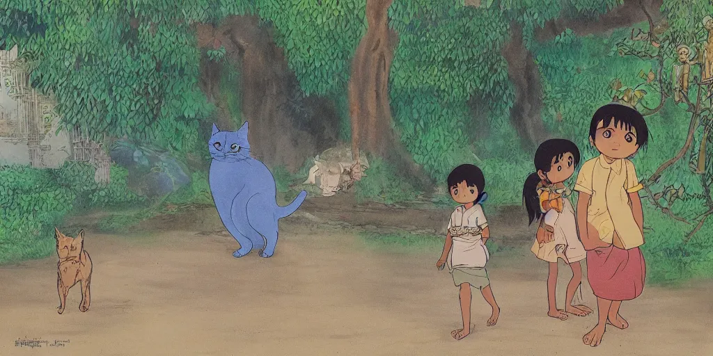 Prompt: sri lankan kid and cat, drawn by hayao miyazaki