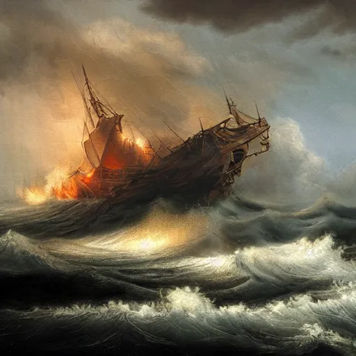 Prompt: An ancient burning ship on a stormy sea, matte painting, highly detailed