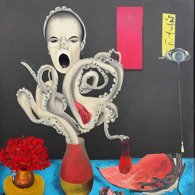 Image similar to empty room with black walls, sensual portrait of a female pathologist, broken vase of flowers and water, octopus, squashed berries, neo - expressionism, surrealism, acrylic and spray paint and oilstick on canvas