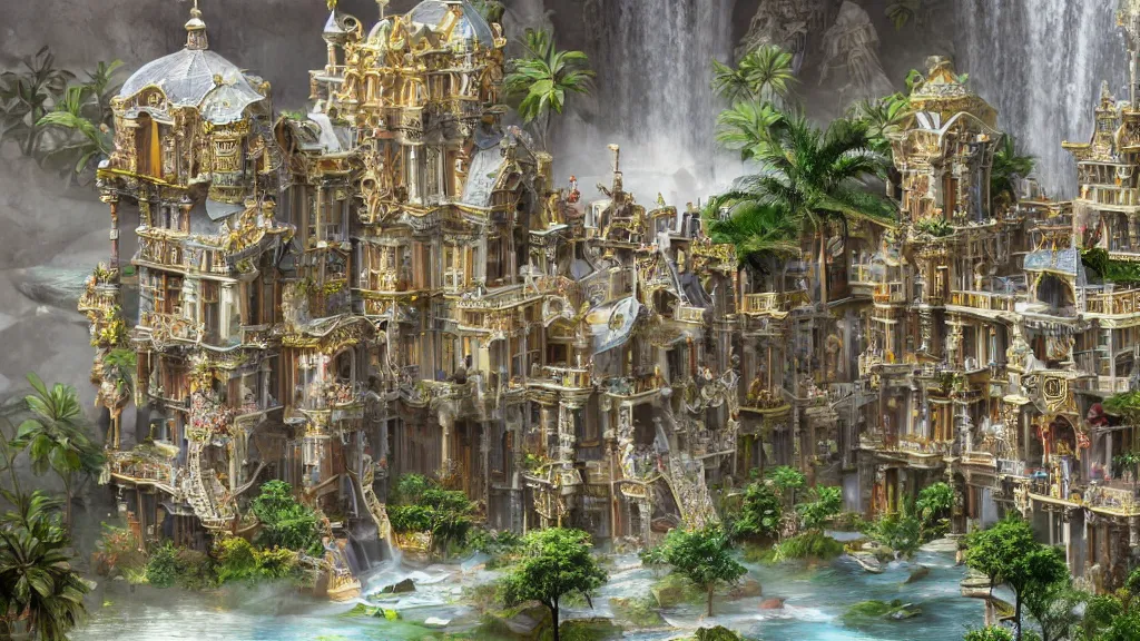 Prompt: architectural design, lonely, bright, volumetric, autostereoscopy, insanely detailed and intricate, hypermaximalist, elegant, ornate, hyper realistic, super detailed, two storey glassy residential, small waterfall decoration from the right top corner of the residential, island
