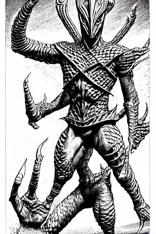 Prompt: ultraman as a d & d monster, full body, pen - and - ink illustration, etching, by russ nicholson, david a trampier, larry elmore, 1 9 8 1, hq scan, intricate details, inside stylized border