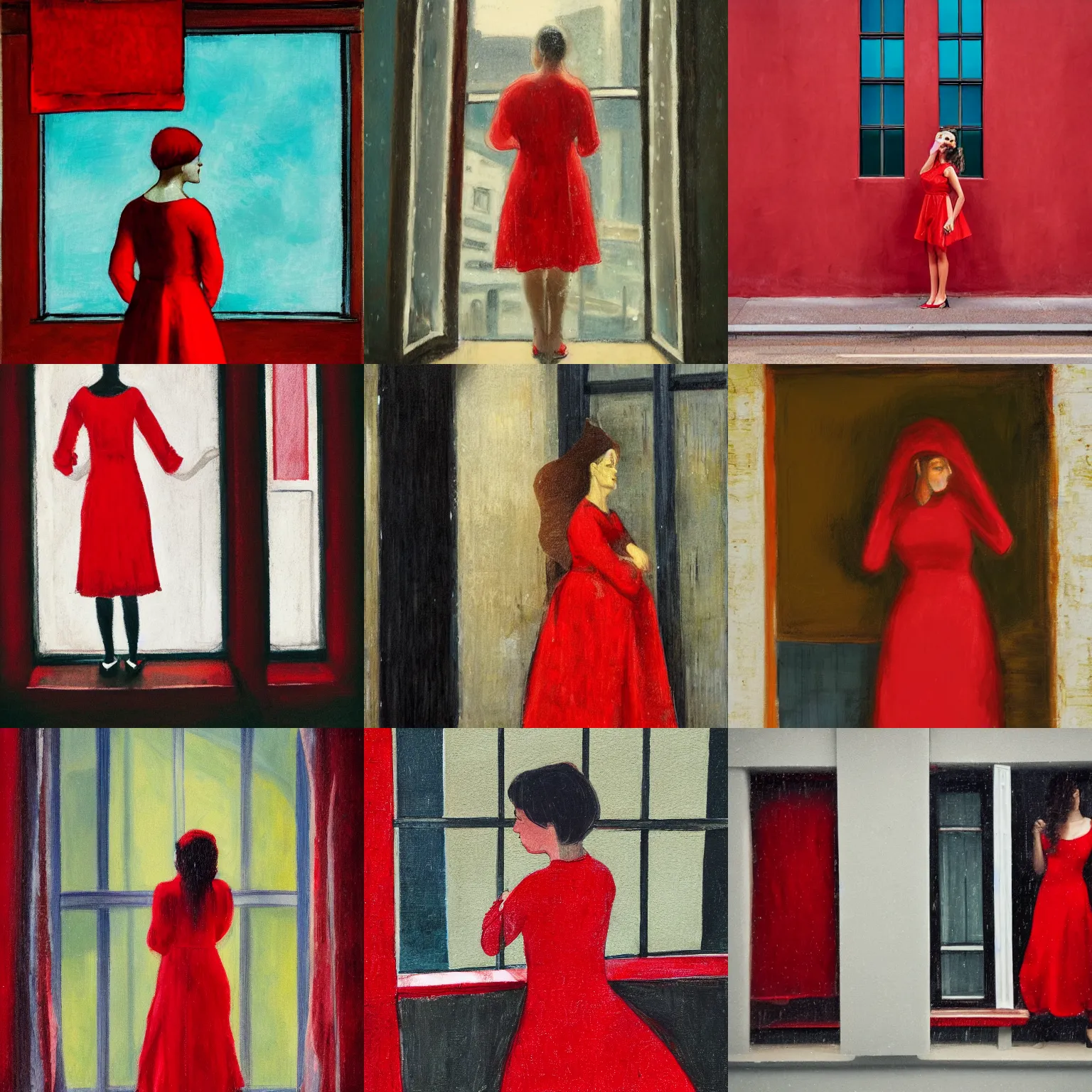 Prompt: woman in a red dress infront of an window with rain