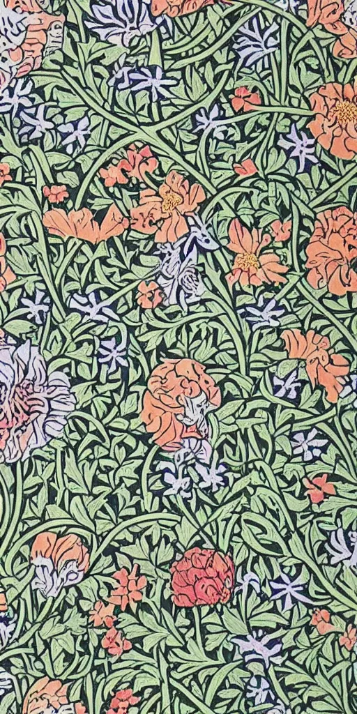 Prompt: spring flowers, happy, beautiful, style of william morris print