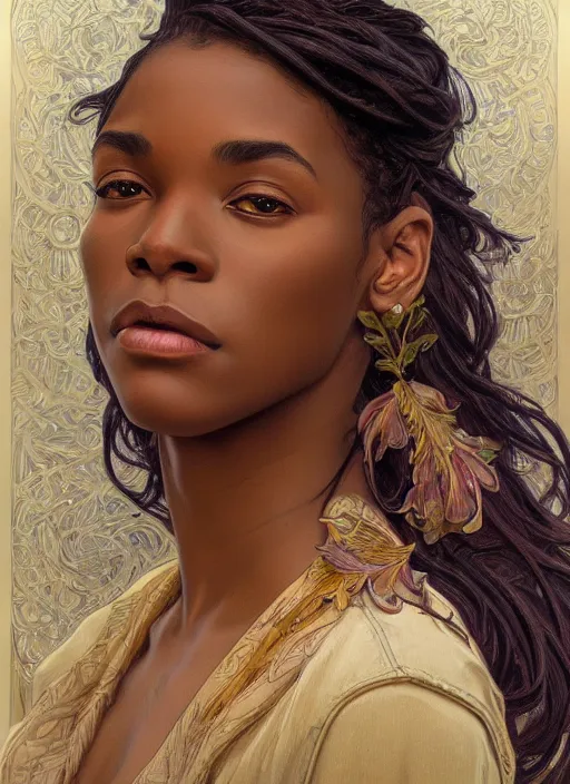 Image similar to beautiful african american young woman, head and shoulders portrait, intricate, elegant, highly detailed, centered, digital painting, artstation, concept art, smooth, sharp focus, illustration, art by artgerm and donato giancola and alphonse mucha