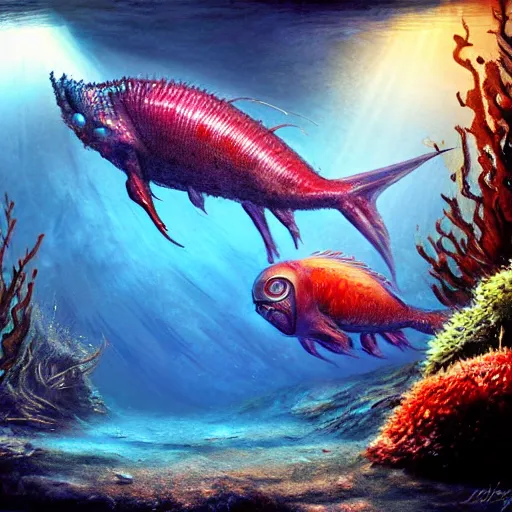 Image similar to alien fish underwater scene cinematic lighting detailed realistic painting photorealistic digital artwork concept art