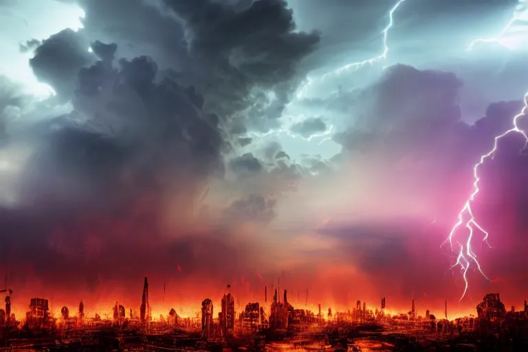 Image similar to a photo of a cloud made of fire and lightning looming over a dystopian city, photorealistic, 8 k