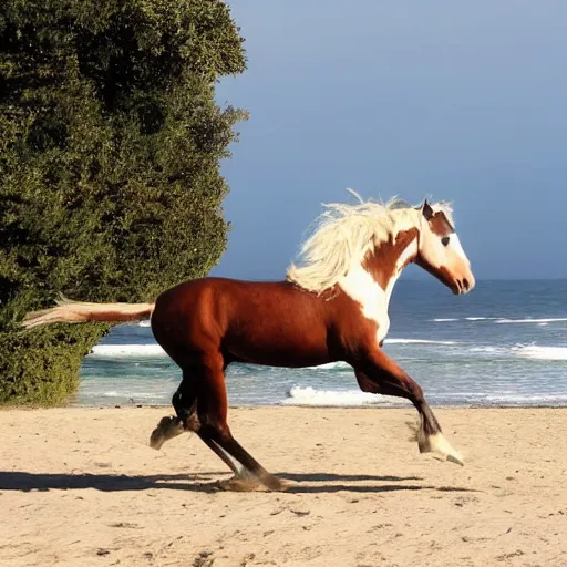 Image similar to a horse running in front of a sea, wievein its mane, on the beach, the sun is blowing up, smoke everywhere