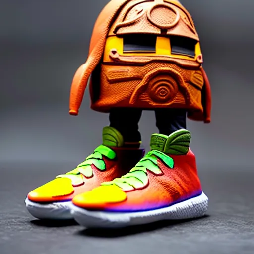 Image similar to realistic scultpure of plastic toy sneaker! design, sneaker design overwatch botw fantasy style mixed with aztec mayan native street fashion, focus on sneakers only, shoes designed by akira toriyama and studio ghibli