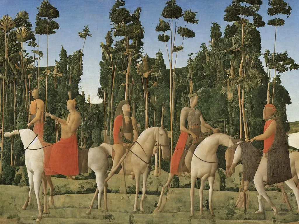 Prompt: Three men on a black horse are entering a cave ferns palms. Painting by Piero della Francesca