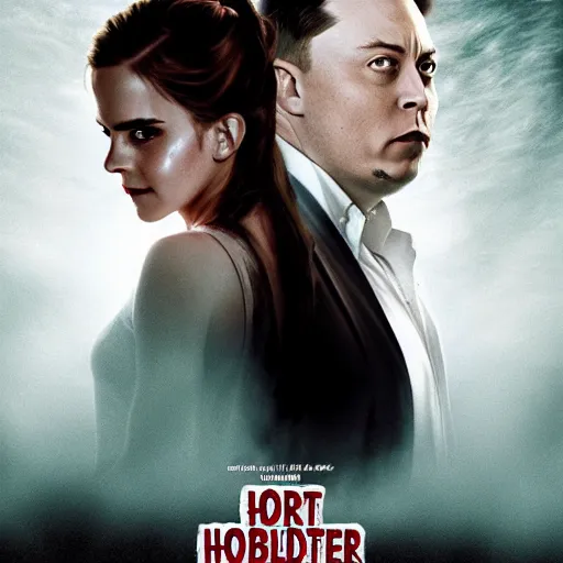 Image similar to horror movie poster featuring Emma watson and Morbidly obese Elon Musk 8k