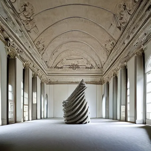 Image similar to giant Italian modern castle living room, clean minimalist design, that is 1300 feet tall, with very tall giant walls, a series of 8 feet tall modern sculptures by John Chamberlain, Ken Kelleher and Tony Cragg, photo by Annie Leibovitz