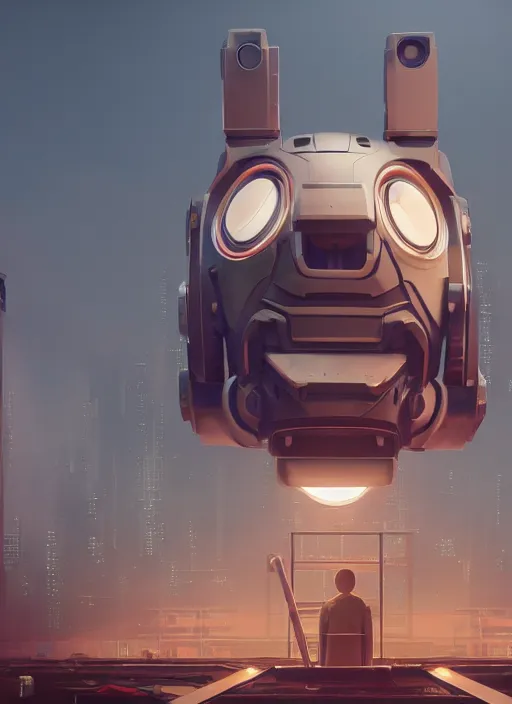 Image similar to people building giant head of a robot mickey mouse inside of abandoned netflix office, cyberpunk, by beeple, dystopia, golden ratio, octane render, redshift, trending on artstation, 8 k