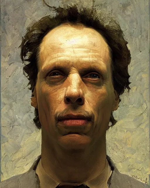 Image similar to painterly portrait, william fichtner, impasto, fantasy, chuck close:7, carl spitzweg:7, cinematic light, full face, symmetrical face