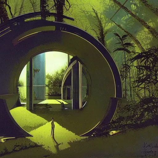 Image similar to portal in a middle of a lush futuristic forest, syd mead, john harris