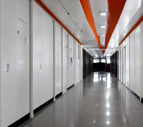 Prompt: fancy corridor with orange walls and white floor. black benches. a tv hanging in the right upper corner.