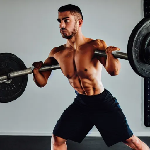 Prompt: A frog lifting weights at the gym, studio photography