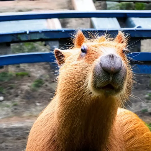 Image similar to a capybara riding a roller coaster