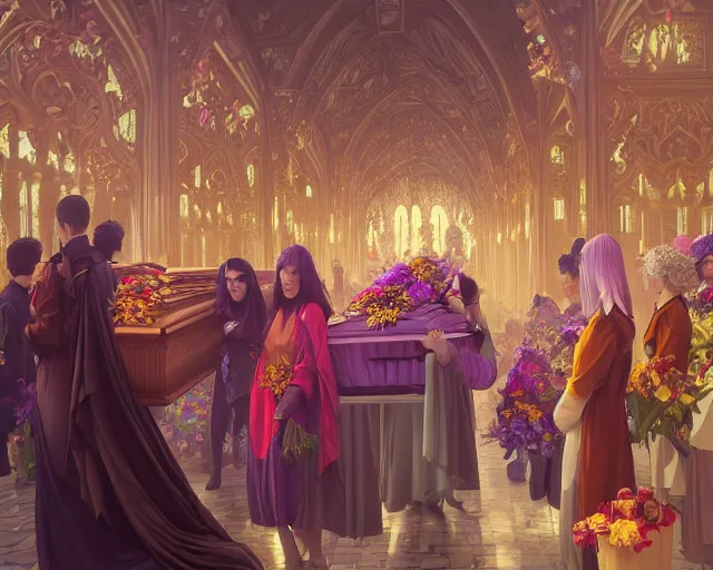 Image similar to a funeral with coffin, flowers and mourners inside a supermarket, photography of kurzgesagt, deep focus, d & d, fantasy, intricate, elegant, highly detailed, digital painting, artstation, concept art, matte, sharp focus, illustration, hearthstone, art by artgerm and greg rutkowski and alphonse mucha