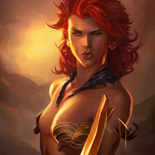 Image similar to dnd character illustration of a dark tanned half - elf with messy short red hair and golden eyes with slit pupils, androgynous, feral, beautiful, glowing, golden hour, by ross tran and gerald brom