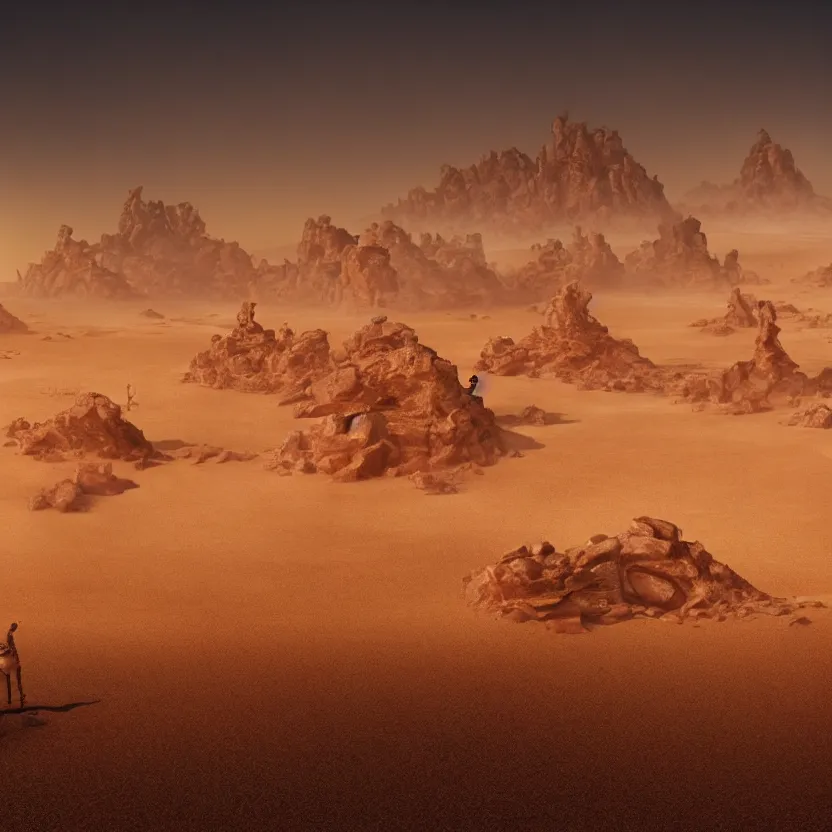 Prompt: desert, golden hour lighting, 4 k, intricate, smooth, cinematic film still from the movie directed by denis villeneuve with art direction by wayne barlowe and salvador dali, wide lens, f 3 2